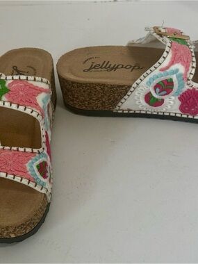 Jellypop White Embroidered Cork Slide Sandals with Pink & Green Accents